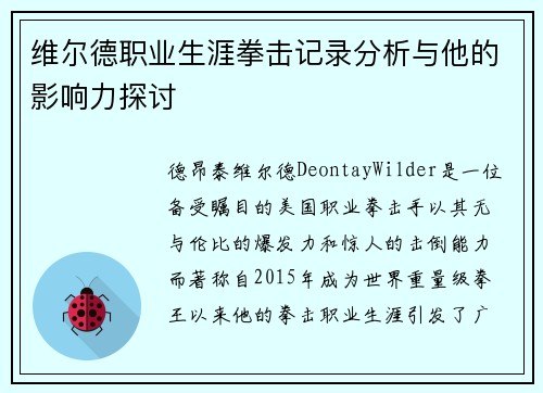 维尔德职业生涯拳击记录分析与他的影响力探讨 维尔德职业生涯拳击记录分析与他的影响力探讨