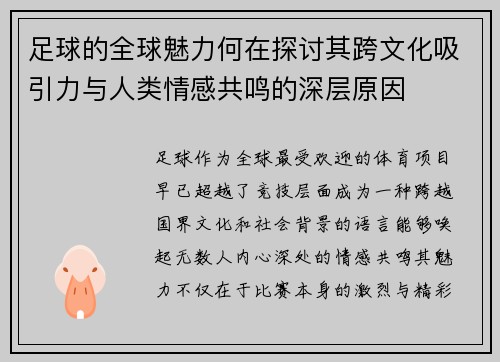 足球的全球魅力何在探讨其跨文化吸引力与人类情感共鸣的深层原因 足球的全球魅力何在探讨其跨文化吸引力与人类情感共鸣的深层原因